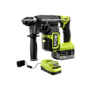 Green and black Ryobi power drill with battery pack and charger.