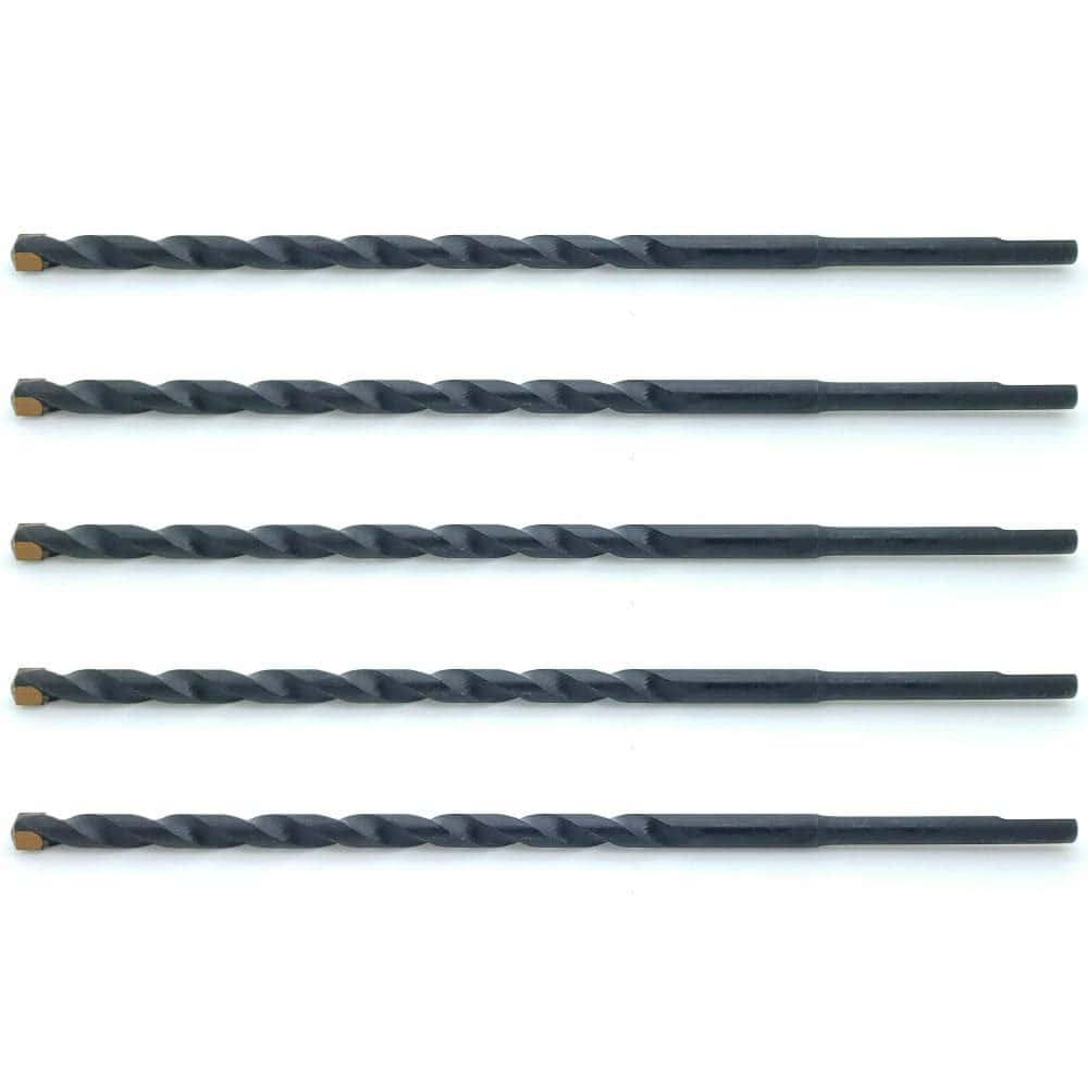 Five black steel drill bits arranged horizontally in parallel.